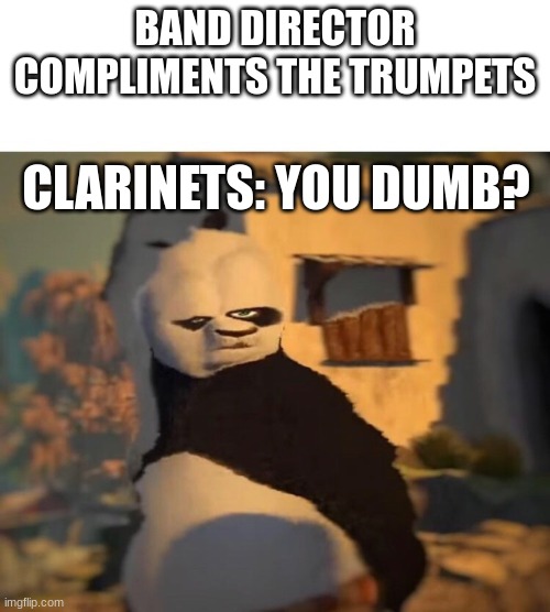 they don't get how hard the clarinets work, lmaoooo | BAND DIRECTOR COMPLIMENTS THE TRUMPETS; CLARINETS: YOU DUMB? | image tagged in drunk kung fu panda | made w/ Imgflip meme maker