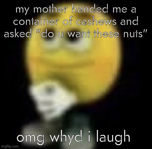 shit | my mother handed me a container of cashews and asked "do u want these nuts"; omg whyd i laugh | image tagged in shit | made w/ Imgflip meme maker