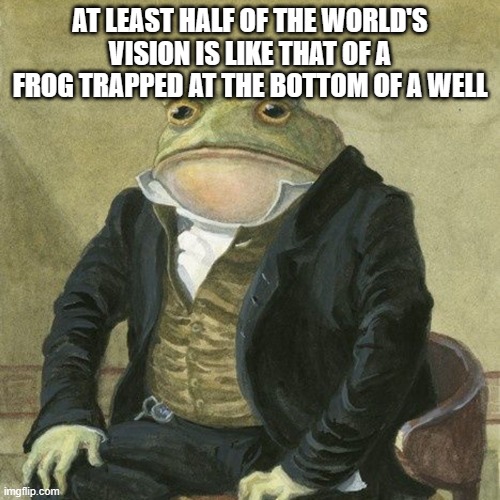 Gentlemen, it is with great pleasure to inform you that | AT LEAST HALF OF THE WORLD'S VISION IS LIKE THAT OF A FROG TRAPPED AT THE BOTTOM OF A WELL | image tagged in gentlemen it is with great pleasure to inform you that | made w/ Imgflip meme maker