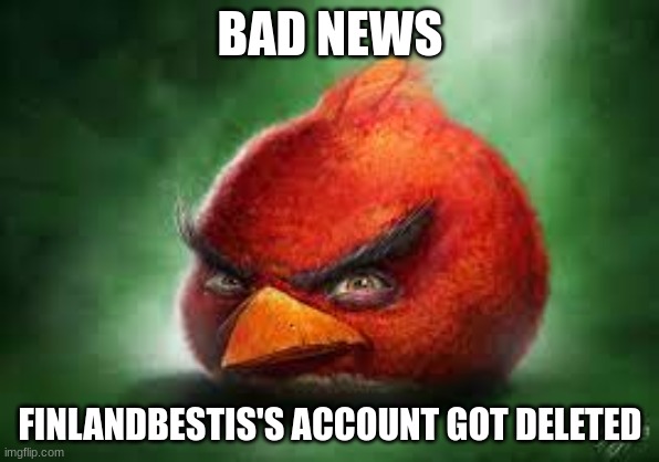 I came bac, no worries (FinlandBestIs, nowdays Fin-Weirdo) | BAD NEWS; FINLANDBESTIS'S ACCOUNT GOT DELETED | image tagged in realistic red angry birds | made w/ Imgflip meme maker