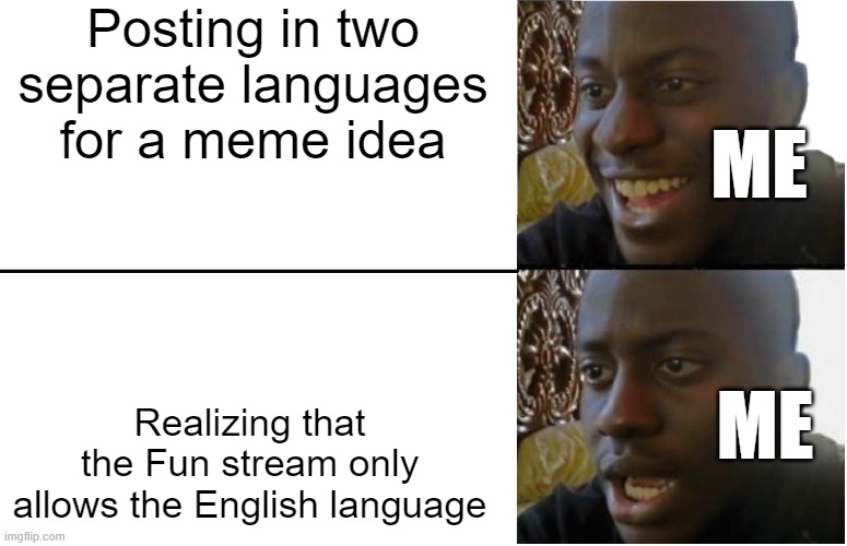 WHYYYYYYYYYYYYYY | Posting in two separate languages for a meme idea; ME; Realizing that the Fun stream only allows the English language; ME | image tagged in disappointed black guy | made w/ Imgflip meme maker
