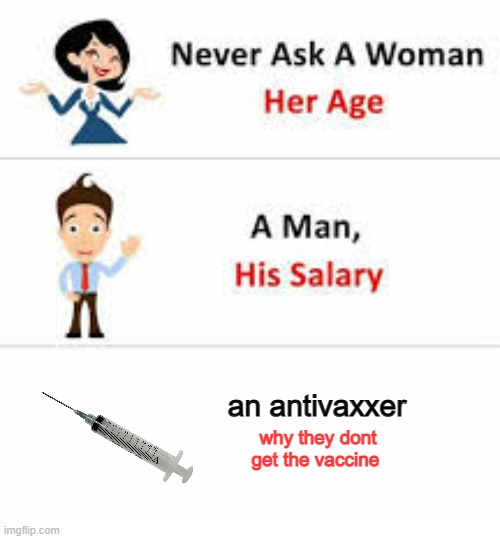 Never ask a woman her age | an antivaxxer; why they dont get the vaccine | image tagged in never ask a woman her age | made w/ Imgflip meme maker