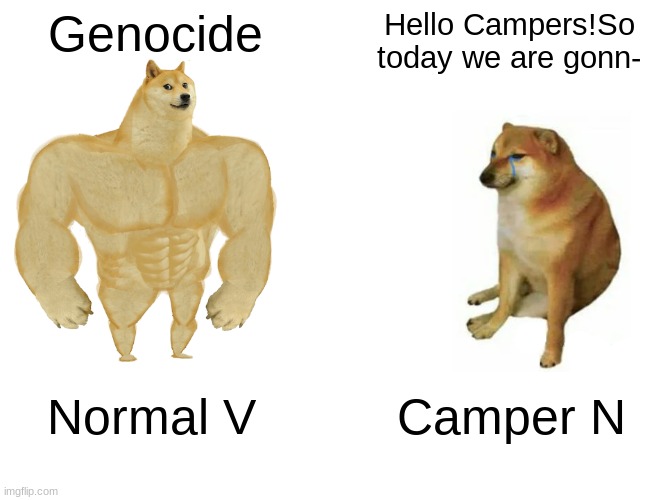 Buff Doge vs. Cheems Meme | Genocide; Hello Campers!So today we are gonn-; Normal V; Camper N | image tagged in memes,buff doge vs cheems | made w/ Imgflip meme maker
