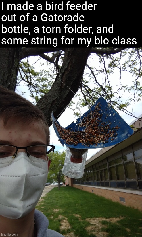 I am so proud of this | I made a bird feeder out of a Gatorade bottle, a torn folder, and some string for my bio class | made w/ Imgflip meme maker