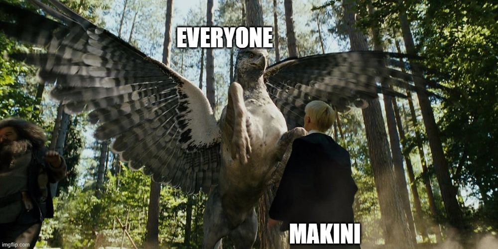 Makini sucks | EVERYONE; MAKINI | image tagged in buckbeak attacking draco malfoy | made w/ Imgflip meme maker