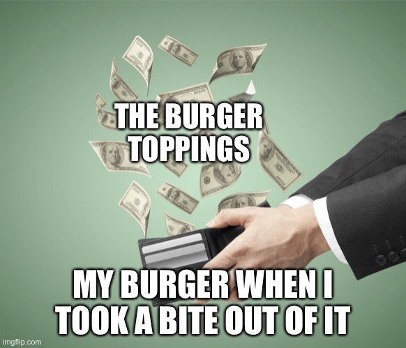 Money flying out of wallet | THE BURGER TOPPINGS MY BURGER WHEN I TOOK A BITE OUT OF IT | image tagged in money flying out of wallet | made w/ Imgflip meme maker