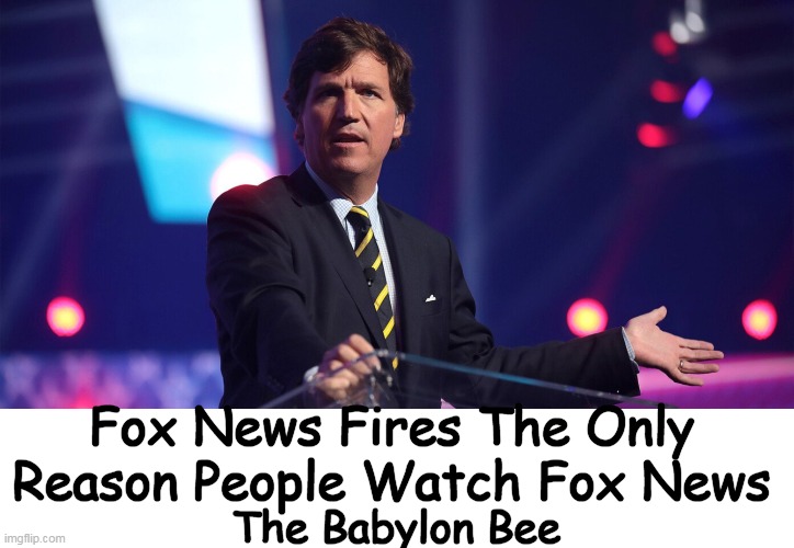 The Bee Stings Again! | Fox News Fires The Only 
Reason People Watch Fox News; The Babylon Bee | image tagged in politics,tucker carlson,truth,think about it,fox news,political humor | made w/ Imgflip meme maker