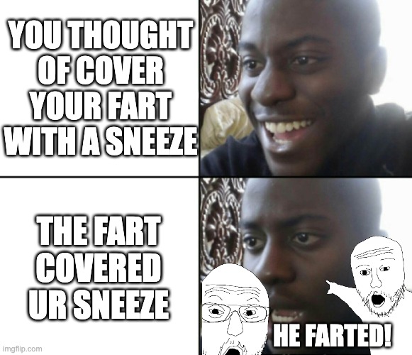 STOP SCROLLING ITS A GOOD MEME | YOU THOUGHT OF COVER YOUR FART WITH A SNEEZE; THE FART COVERED UR SNEEZE; HE FARTED! | image tagged in happy / shock | made w/ Imgflip meme maker