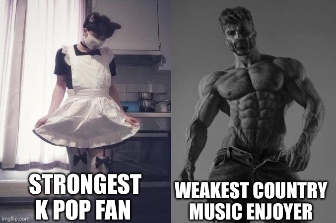 Country music is for gigachads | STRONGEST K POP FAN; WEAKEST COUNTRY MUSIC ENJOYER | image tagged in strongest fan vs weakest fan,country music,kpop | made w/ Imgflip meme maker