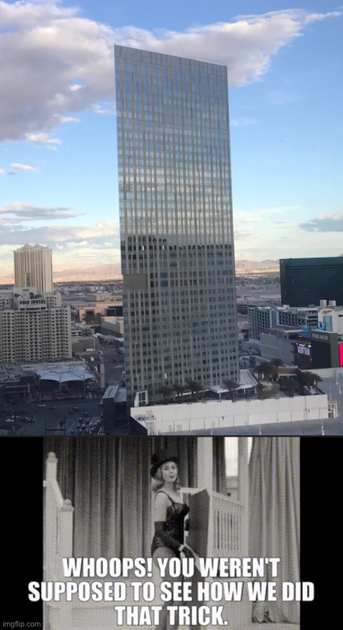 This building is triangular, but it looks fake | image tagged in blank white template,wandavision,building,las vegas | made w/ Imgflip meme maker