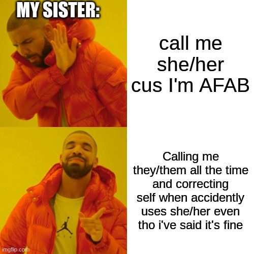 Drake Hotline Bling Meme | MY SISTER:; call me she/her cus I'm AFAB; Calling me they/them all the time and correcting self when accidently uses she/her even tho i've said it's fine | image tagged in memes,drake hotline bling | made w/ Imgflip meme maker