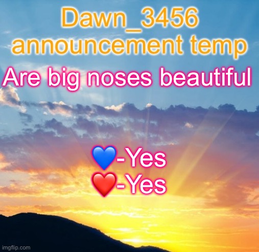 Dawn_3456 announcement | Are big noses beautiful; 💙-Yes
❤️-Yes | image tagged in dawn_3456 announcement | made w/ Imgflip meme maker