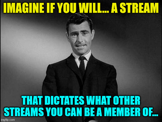 I certify that I am not a user of Real_Politics at the time of submission of this meme... | IMAGINE IF YOU WILL... A STREAM; THAT DICTATES WHAT OTHER STREAMS YOU CAN BE A MEMBER OF... | image tagged in rod serling twilight zone,imgflip,hypocrites | made w/ Imgflip meme maker