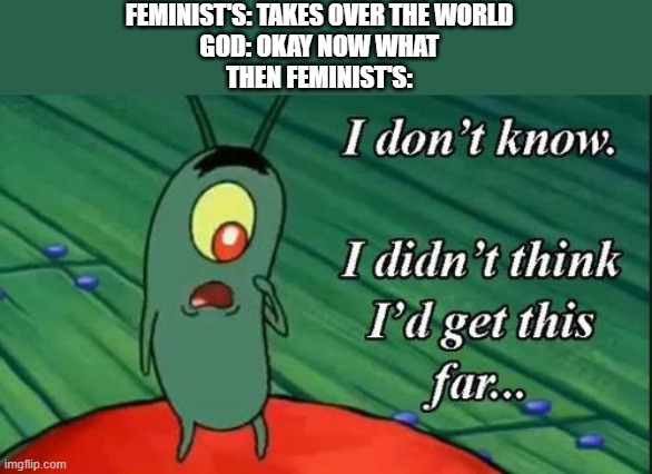Plankton i don't know i didnt think id get this far.. | FEMINIST'S: TAKES OVER THE WORLD

GOD: OKAY NOW WHAT

THEN FEMINIST'S: | image tagged in plankton i don't know i didnt think id get this far,memes | made w/ Imgflip meme maker