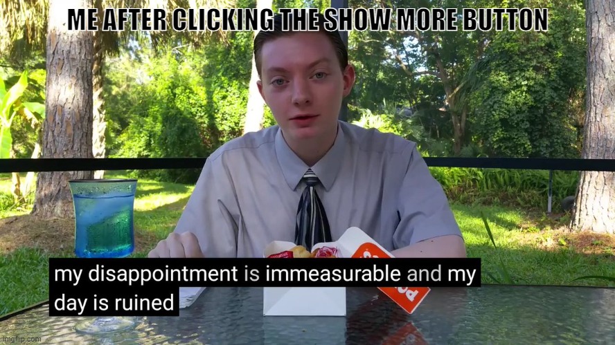 ME AFTER CLICKING THE SHOW MORE BUTTON | image tagged in my disappointment is immeasurable | made w/ Imgflip meme maker