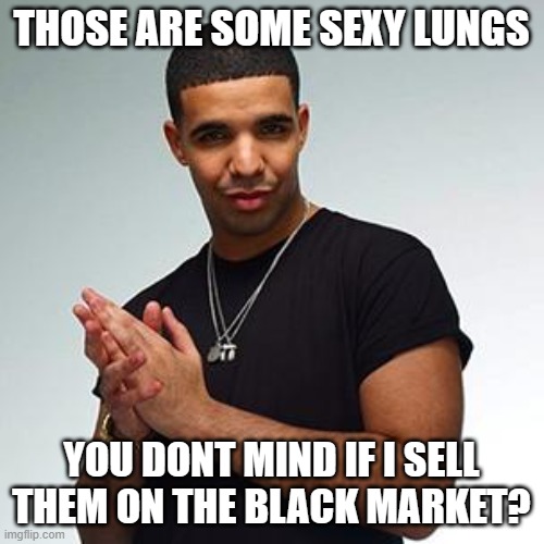 drake | THOSE ARE SOME SEXY LUNGS YOU DONT MIND IF I SELL THEM ON THE BLACK MARKET? | image tagged in drake | made w/ Imgflip meme maker