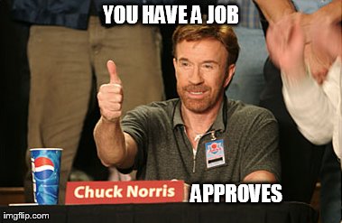 Chuck Norris Approves | YOU HAVE A JOB APPROVES | image tagged in memes,chuck norris approves | made w/ Imgflip meme maker