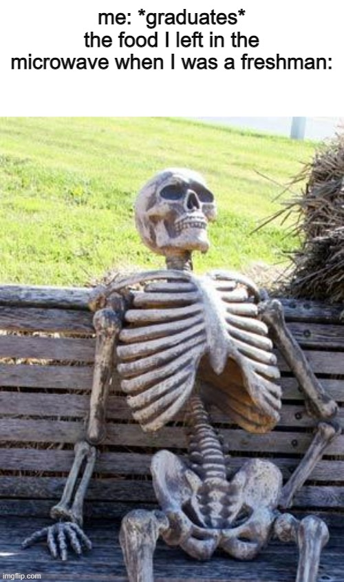 Waiting Skeleton | me: *graduates*
the food I left in the microwave when I was a freshman: | image tagged in memes,waiting skeleton | made w/ Imgflip meme maker