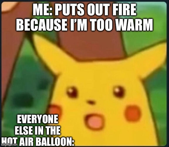 Image Title | ME: PUTS OUT FIRE BECAUSE I’M TOO WARM; EVERYONE ELSE IN THE HOT AIR BALLOON: | image tagged in surprised pikachu | made w/ Imgflip meme maker