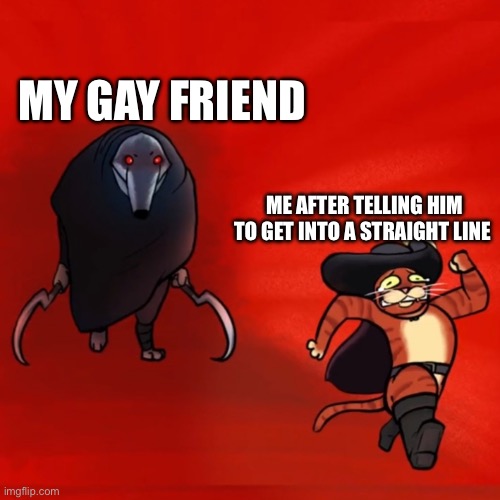 Jokes aside, he is my good friend :) | MY GAY FRIEND; ME AFTER TELLING HIM TO GET INTO A STRAIGHT LINE | image tagged in puss running from death | made w/ Imgflip meme maker