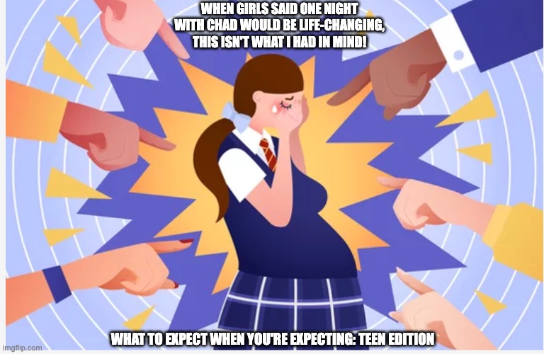 Teen Pregnancy PSA for school | WHEN GIRLS SAID ONE NIGHT WITH CHAD WOULD BE LIFE-CHANGING, THIS ISN'T WHAT I HAD IN MIND! WHAT TO EXPECT WHEN YOU'RE EXPECTING: TEEN EDITION | image tagged in teenpregnancy | made w/ Imgflip meme maker