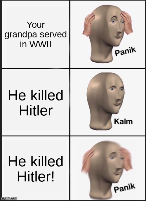 If you don't get it, I'm not explaining it | Your grandpa served in WWII; He killed Hitler; He killed Hitler! | image tagged in memes,panik kalm panik | made w/ Imgflip meme maker