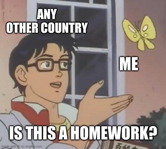 yeah sheesh what is up with all those other countries thinkin im a homework. it can get quite annoying at times | ANY OTHER COUNTRY; ME; IS THIS A HOMEWORK? | image tagged in memes,is this a pigeon | made w/ Imgflip meme maker