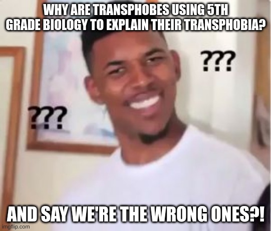 Nick Young | WHY ARE TRANSPHOBES USING 5TH GRADE BIOLOGY TO EXPLAIN THEIR TRANSPHOBIA? AND SAY WE'RE THE WRONG ONES?! | image tagged in nick young | made w/ Imgflip meme maker