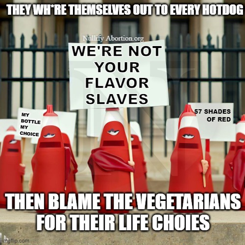 Condiment's Tail | THEY WH*RE THEMSELVES OUT TO EVERY HOTDOG; Nullify Abortion.org; WE'RE NOT
YOUR
FLAVOR
SLAVES; 57 SHADES OF RED; MY
BOTTLE 
MY 
CHOICE; THEN BLAME THE VEGETARIANS FOR THEIR LIFE CHOIES | image tagged in abortion,handmaid's tale,pro-life,my bottle my choice,abolition | made w/ Imgflip meme maker