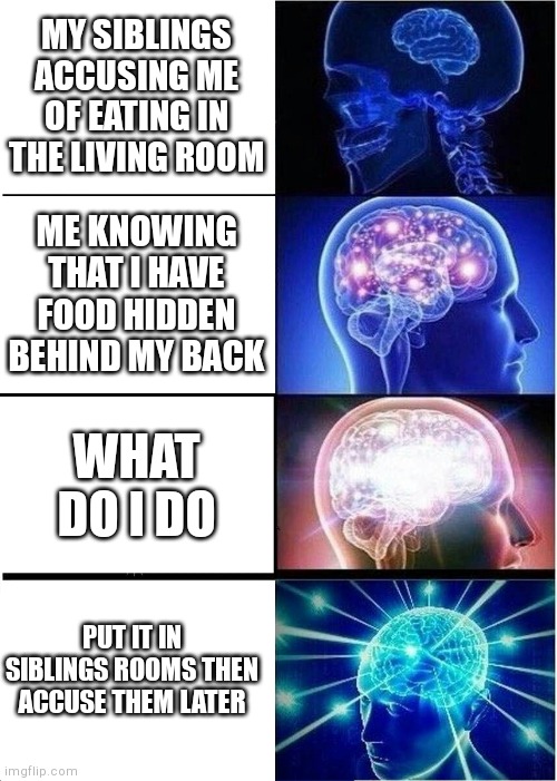 Funny siblings meme | MY SIBLINGS ACCUSING ME OF EATING IN THE LIVING ROOM; ME KNOWING THAT I HAVE FOOD HIDDEN BEHIND MY BACK; WHAT DO I DO; PUT IT IN SIBLINGS ROOMS THEN ACCUSE THEM LATER | image tagged in memes,expanding brain | made w/ Imgflip meme maker