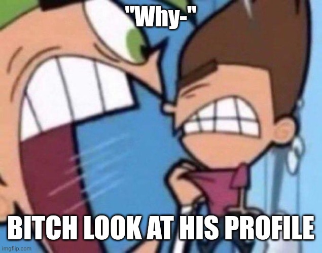 Cosmo yelling at timmy | "Why-" BITCH LOOK AT HIS PROFILE | image tagged in cosmo yelling at timmy | made w/ Imgflip meme maker