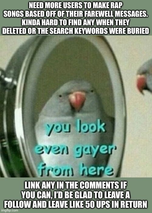 You look even gayer from here | NEED MORE USERS TO MAKE RAP SONGS BASED OFF OF THEIR FAREWELL MESSAGES. KINDA HARD TO FIND ANY WHEN THEY DELETED OR THE SEARCH KEYWORDS WERE BURIED; LINK ANY IN THE COMMENTS IF YOU CAN, I’D BE GLAD TO LEAVE A FOLLOW AND LEAVE LIKE 50 UPS IN RETURN | image tagged in you look even gayer from here | made w/ Imgflip meme maker