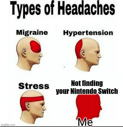 It is happening now that I got my switch fixed | Not finding your Nintendo Switch; Me | image tagged in types of headaches meme | made w/ Imgflip meme maker