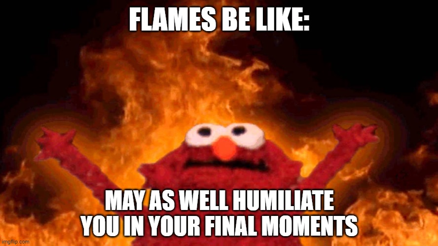 elmo fire | FLAMES BE LIKE: MAY AS WELL HUMILIATE YOU IN YOUR FINAL MOMENTS | image tagged in elmo fire | made w/ Imgflip meme maker
