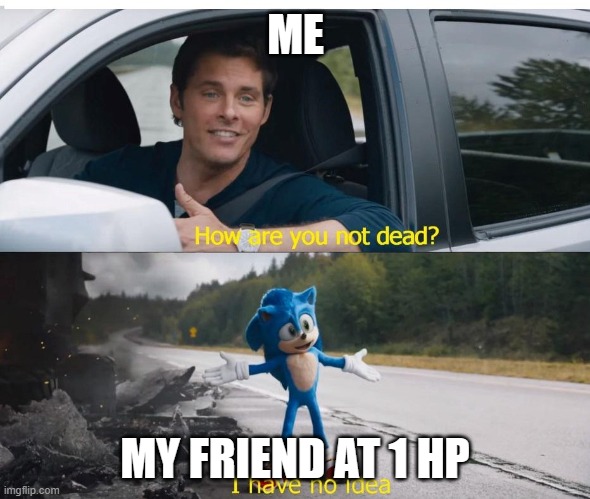 gaming lore | ME; MY FRIEND AT 1 HP | image tagged in sonic how are you not dead | made w/ Imgflip meme maker