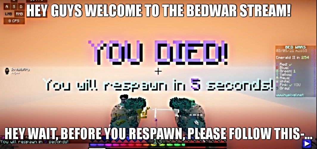 i said that in the time it took you to respawn. | HEY GUYS WELCOME TO THE BEDWAR STREAM! HEY WAIT, BEFORE YOU RESPAWN, PLEASE FOLLOW THIS-... | image tagged in bedwars death | made w/ Imgflip meme maker