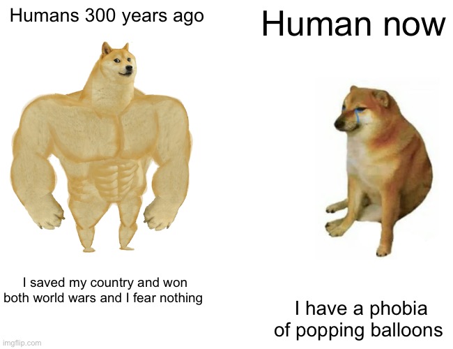 Buff Doge vs. Cheems | Humans 300 years ago; Human now; I saved my country and won both world wars and I fear nothing; I have a phobia of popping balloons | image tagged in memes,buff doge vs cheems | made w/ Imgflip meme maker