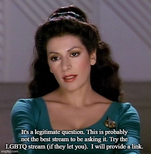 Counselor Deanna Troi | It's a legitimate question. This is probably not the best stream to be asking it. Try the LGBTQ stream (if they let you).  I will provide a  | image tagged in counselor deanna troi | made w/ Imgflip meme maker