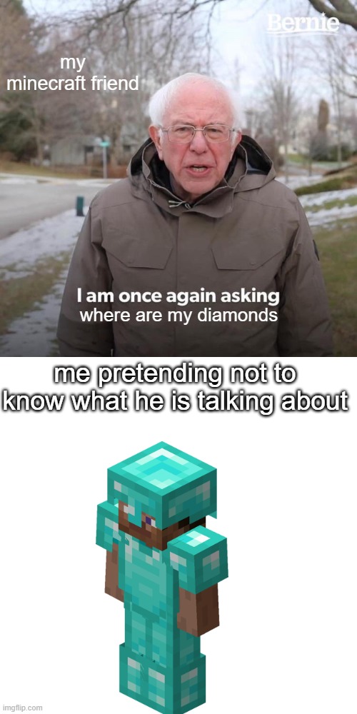 Bernie I Am Once Again Asking For Your Support Meme | my minecraft friend; where are my diamonds; me pretending not to know what he is talking about | image tagged in memes,bernie i am once again asking for your support | made w/ Imgflip meme maker