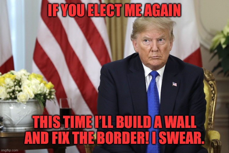 How can I get the suckers to send me more money? | IF YOU ELECT ME AGAIN; THIS TIME I’LL BUILD A WALL AND FIX THE BORDER! I SWEAR. | image tagged in how can i get the suckers to send me more money | made w/ Imgflip meme maker