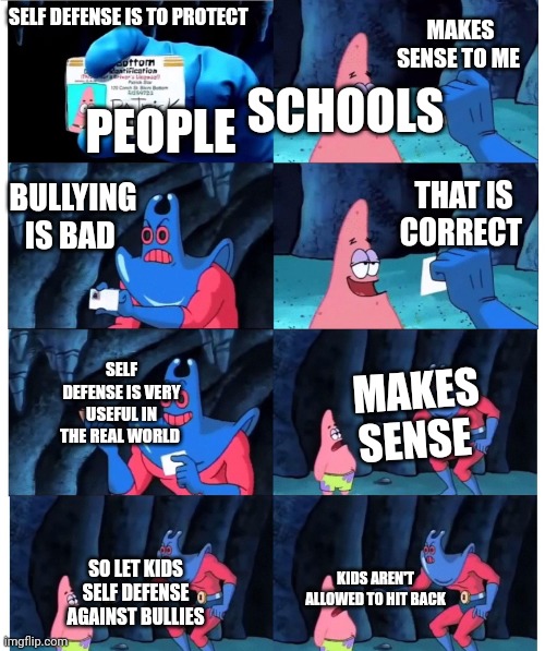 Nah bro why tho | MAKES SENSE TO ME; SELF DEFENSE IS TO PROTECT; SCHOOLS; PEOPLE; BULLYING IS BAD; THAT IS CORRECT; SELF DEFENSE IS VERY USEFUL IN THE REAL WORLD; MAKES SENSE; KIDS AREN'T ALLOWED TO HIT BACK; SO LET KIDS SELF DEFENSE AGAINST BULLIES | image tagged in patrick not my wallet | made w/ Imgflip meme maker