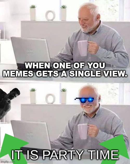 WOW!!! I got a veiw?!?!?!? | WHEN ONE OF YOU MEMES GETS A SINGLE VIEW. IT IS PARTY TIME | image tagged in memes,hide the pain harold,funny,imgflip,funny memes,front page | made w/ Imgflip meme maker