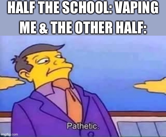 Me and my air breathers staying strong | HALF THE SCHOOL: VAPING; ME & THE OTHER HALF: | image tagged in skinner pathetic,school,funny | made w/ Imgflip meme maker