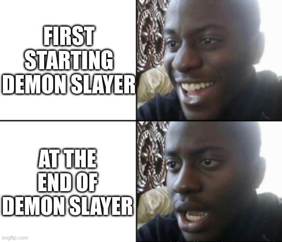 Happy / Shock | FIRST STARTING DEMON SLAYER; AT THE END OF DEMON SLAYER | image tagged in happy / shock | made w/ Imgflip meme maker
