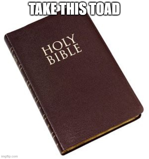 Holy Bible | TAKE THIS TOAD | image tagged in holy bible | made w/ Imgflip meme maker