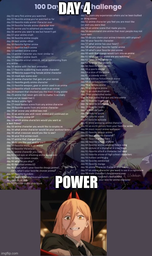 100 day anime challenge | DAY 4; POWER | image tagged in 100 day anime challenge | made w/ Imgflip meme maker