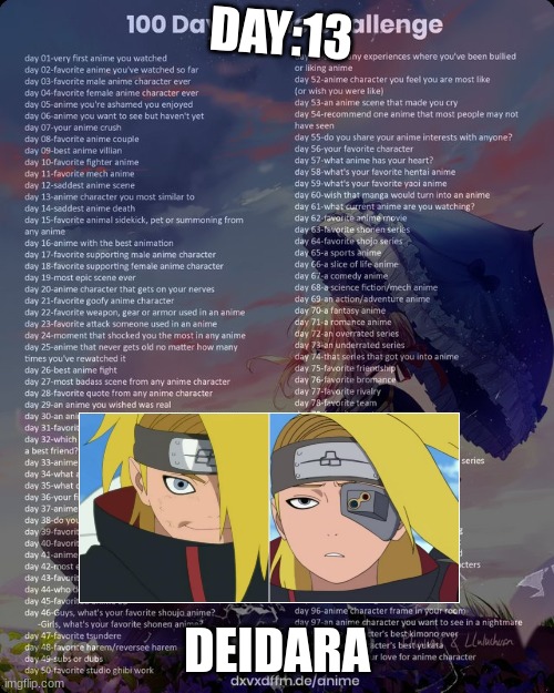 13 | DAY:13; DEIDARA | image tagged in 100 day anime challenge | made w/ Imgflip meme maker