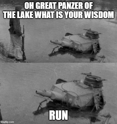 Panzer of the lake | OH GREAT PANZER OF THE LAKE WHAT IS YOUR WISDOM; RUN | image tagged in panzer of the lake | made w/ Imgflip meme maker