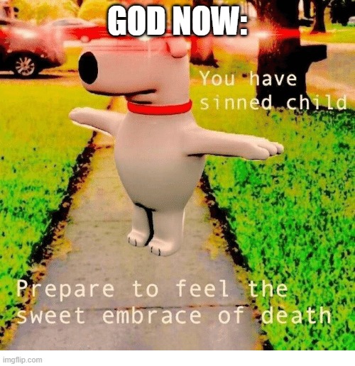 You have sinned child prepare to feel the sweet embrace of death | GOD NOW: | image tagged in you have sinned child prepare to feel the sweet embrace of death | made w/ Imgflip meme maker