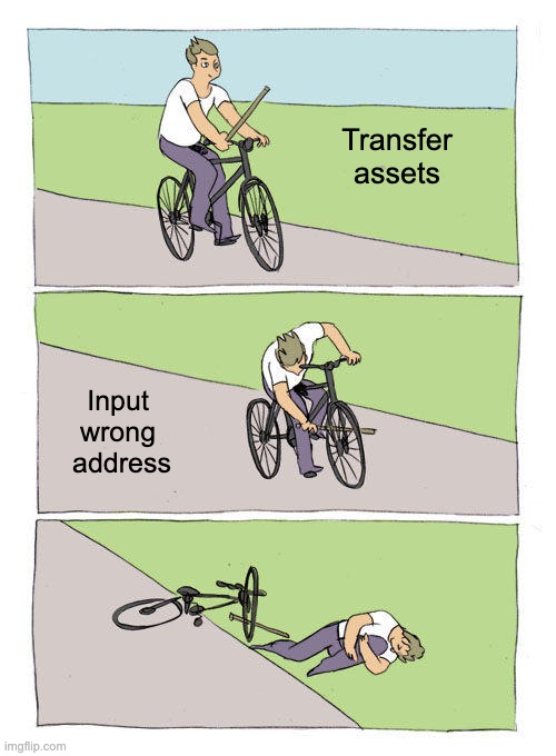 transfer assets | Transfer assets; Input 
wrong 
address | image tagged in memes,bike fall | made w/ Imgflip meme maker